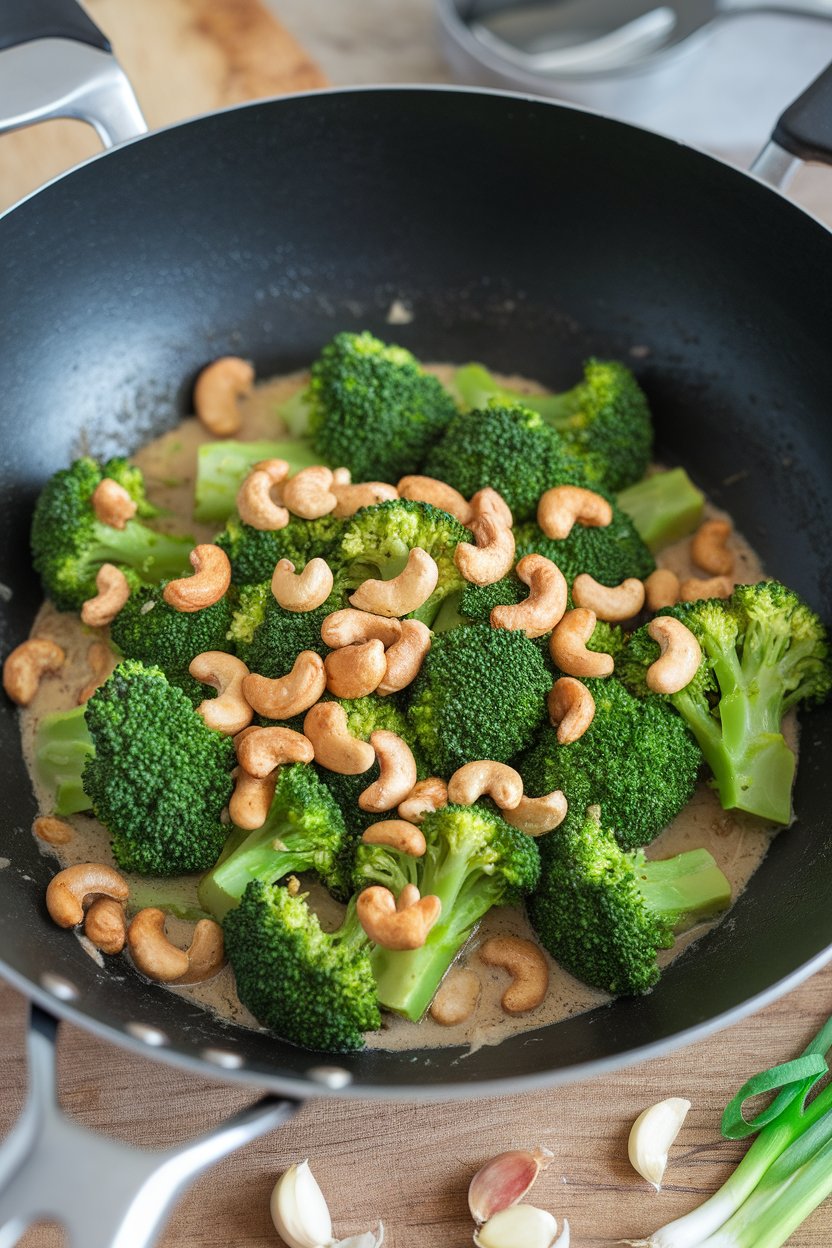 A wok indoors with bright green broccoli florets and toasted cashews in a light sauce; photo only, no text or logos.