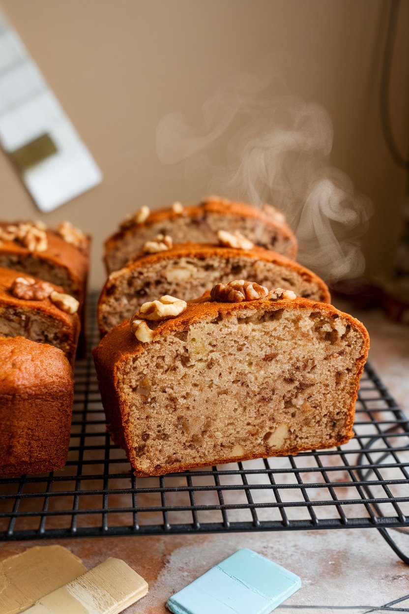 Indoor cooling rack with slices of banana bread showing visible walnut pieces, steam rising slightly. Photo, no text or logos anywhere.