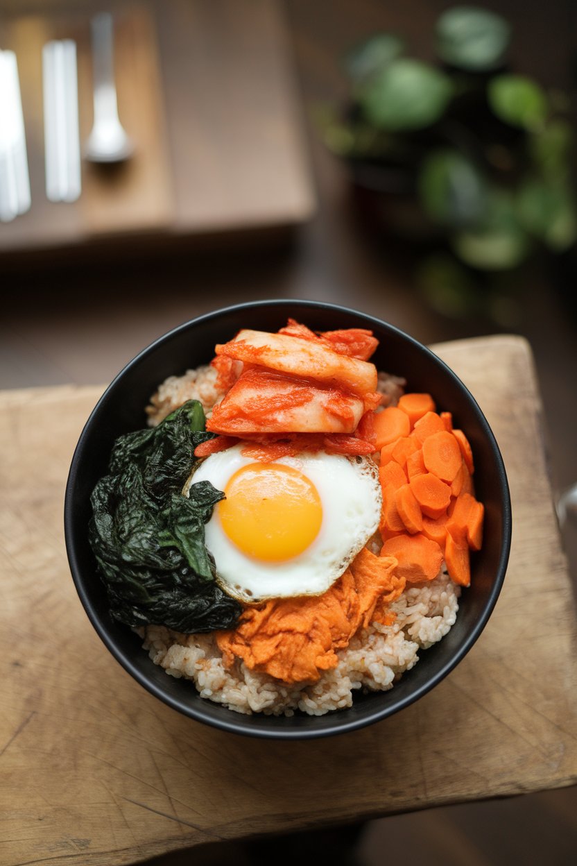 An indoor overhead of a bowl showcasing brown rice, sautéed spinach, carrots, a soft egg, and kimchi in the center. No text or logos.
