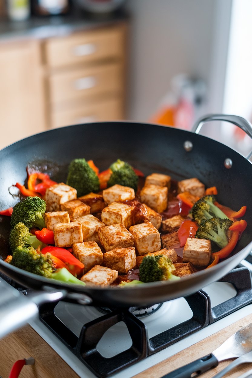 Photo of an indoor stovetop wok filled with browned tofu cubes, broccoli florets, bell peppers, and glossy teriyaki sauce; no text or logos