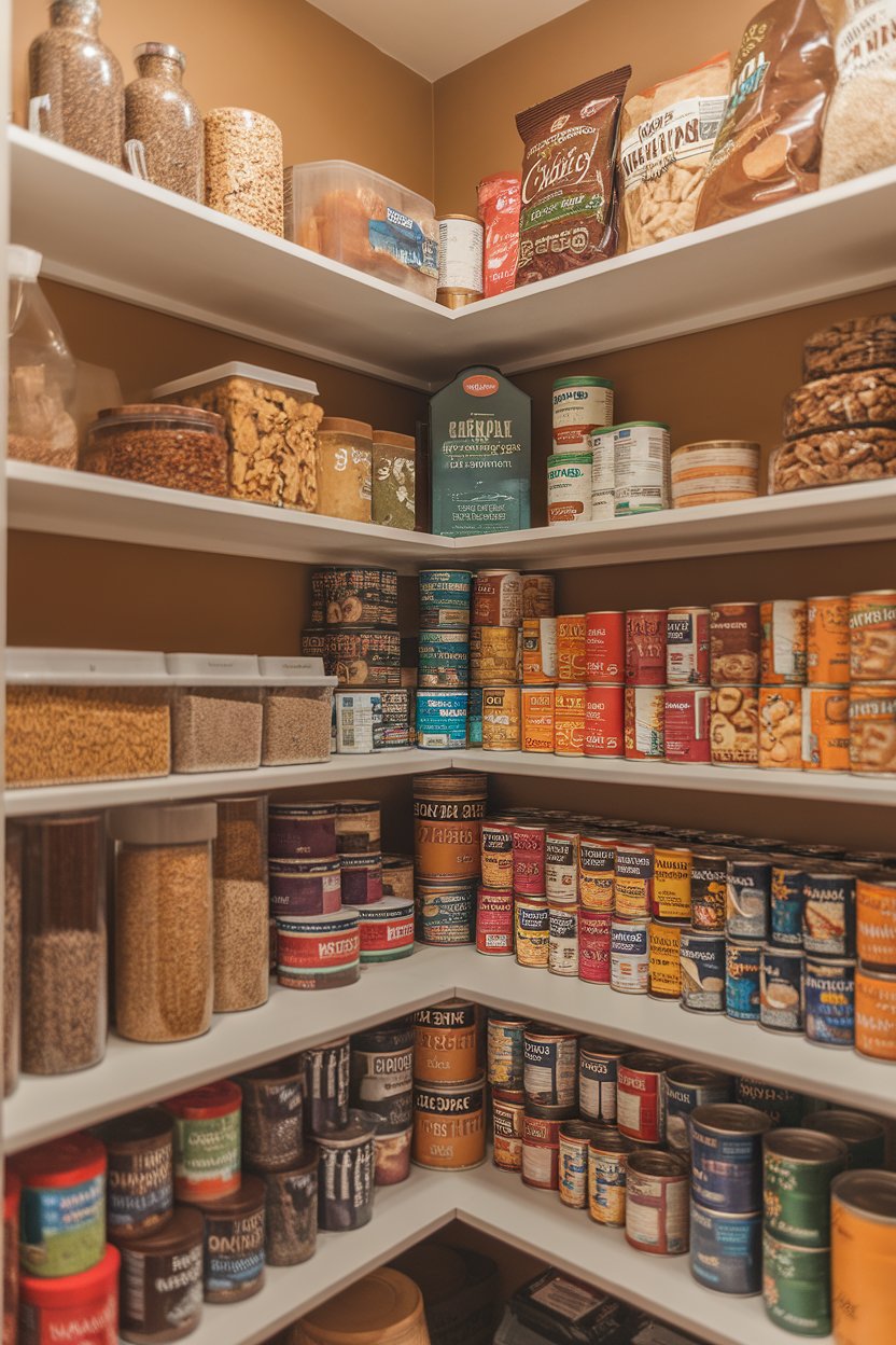 Photo — Kitchen pantry shelves indoors with whole grains, canned beans, and nuts positioned at middle height, treats higher up. No logos or text visible.