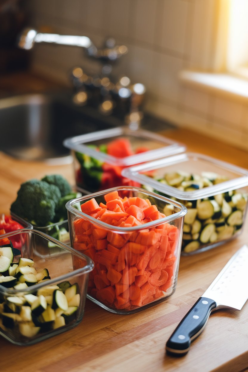 A photo taken indoors on a wooden kitchen counter showing several glass meal-prep containers filled with chopped carrots, bell peppers, broccoli, and zucchini, a chef’s knife resting nearby. Warm natural light, no text or logos visible.