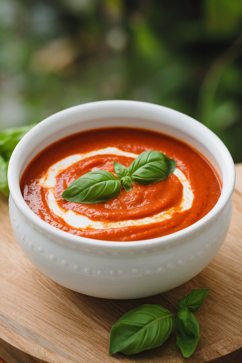 Photo, indoors, white soup bowl filled with velvety tomato basil soup, swirl of coconut milk on top, basil leaves as garnish. No text or logos visible.