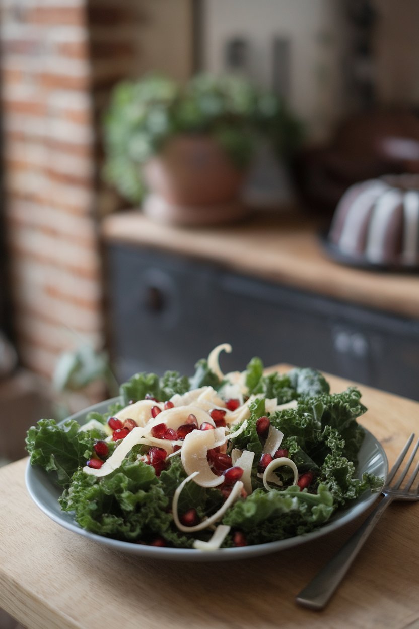 A salad plate indoors holding baby kale leaves, scattered pomegranate arils, and thin Parmesan curls. Photo, no logos.