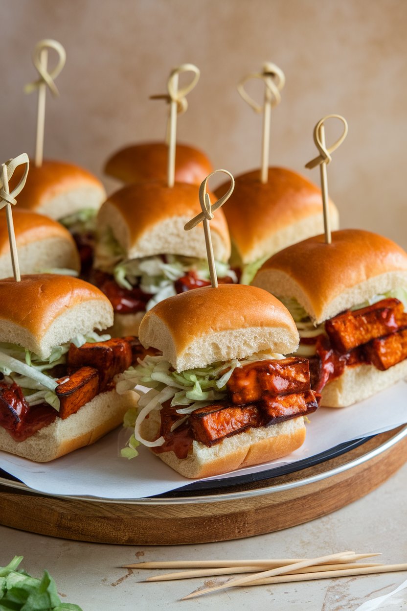 Photo of an indoor party tray featuring mini slider buns filled with saucy BBQ tempeh strips and slaw; no text or logos