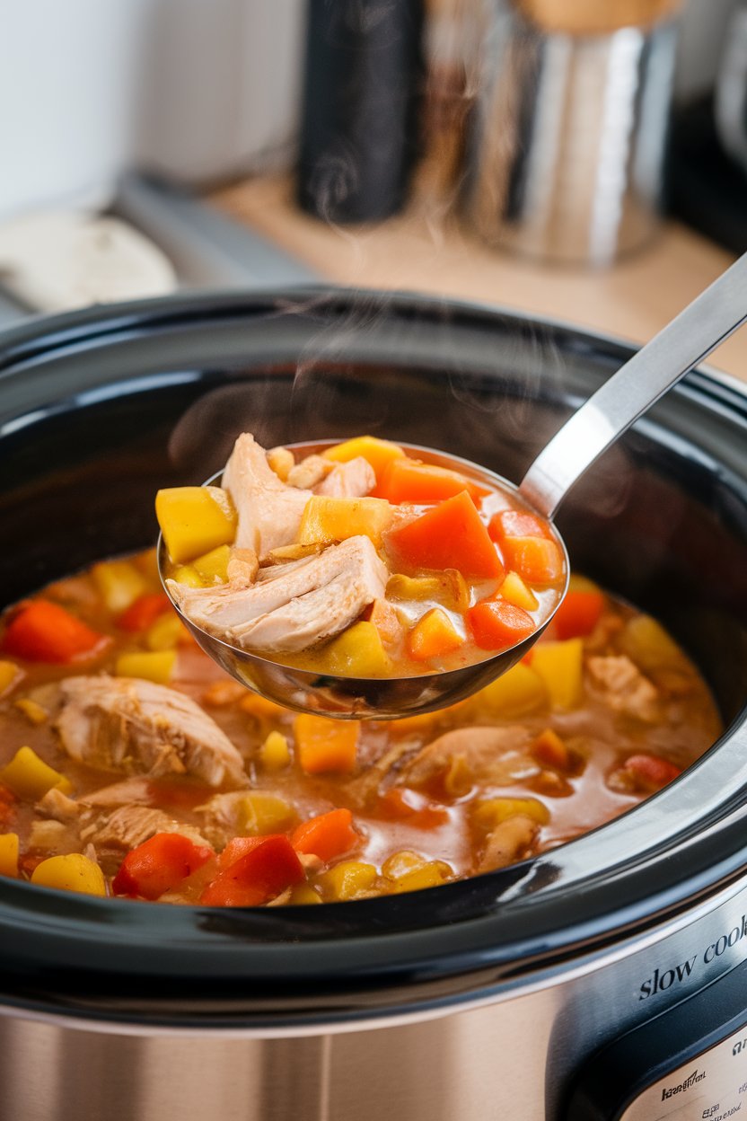 Indoor kitchen counter with a ladle lifting chunky chicken and vegetable stew from a slow cooker into a bowl, steam rising. No text or logos, photo not illustration.