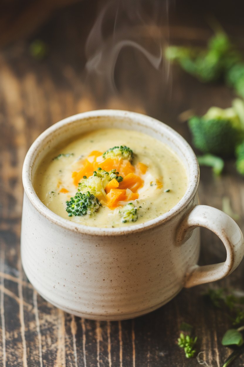 Indoor photo of a mug of creamy broccoli cheddar soup, light steam rising, sprinkled with extra florets, no text or logos.