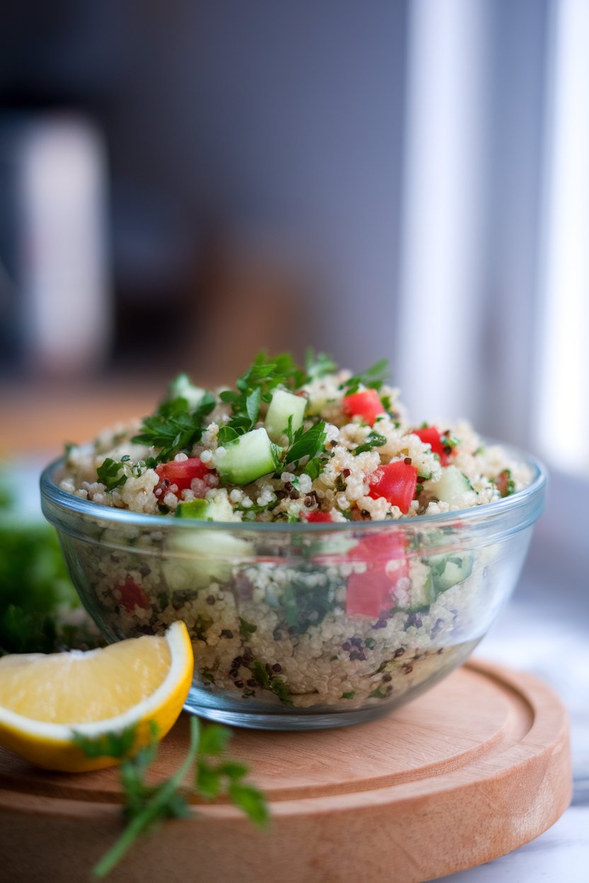 Indoor photo of a bowl of quinoa tabbouleh featuring bright parsley, diced cucumber, and tomato; daylight from side window, no text or logos
