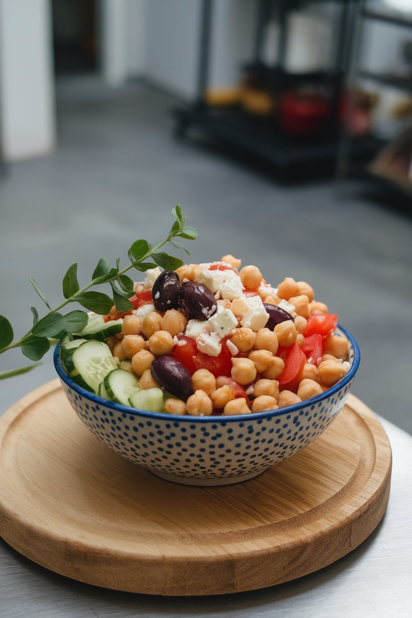Photo of a bowl of chickpeas mixed with cucumber, tomato, olives, and feta, set on an indoor countertop. No text or branding visible.