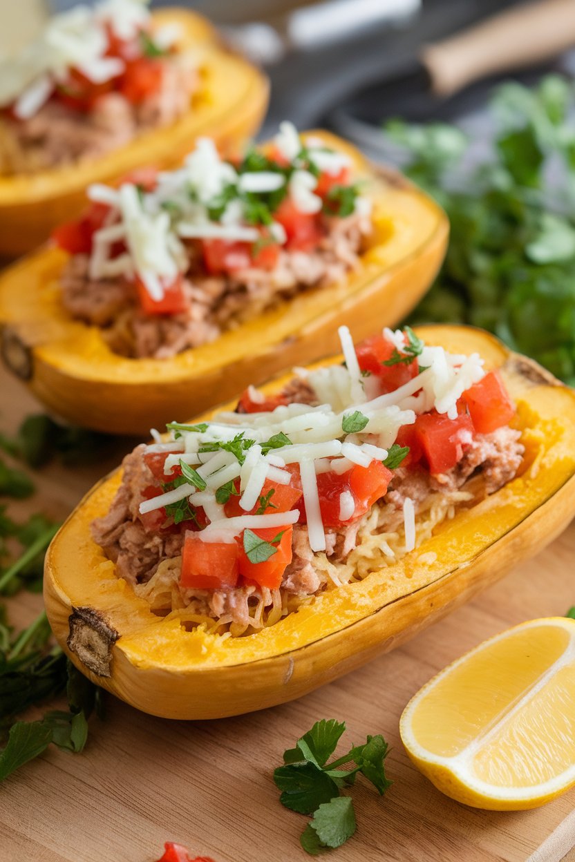 Photo indoors of half spaghetti squash boats filled with seasoned turkey and salsa, cheese lightly melted on top. No visible branding.