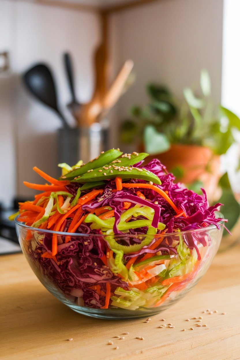 Bright indoor kitchen scene showing a vibrant bowl of shredded red cabbage, green cabbage, carrots, yellow bell pepper, and snap peas sprinkled with sesame seeds. Photo only, no text or logos.