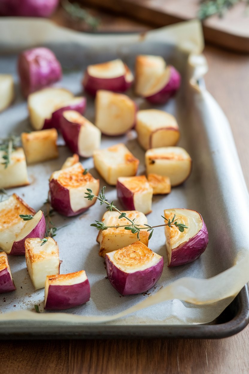 Indoor photo of cubed turnips roasted with thyme on a parchment-lined tray, edges golden. No text or logos; photo.