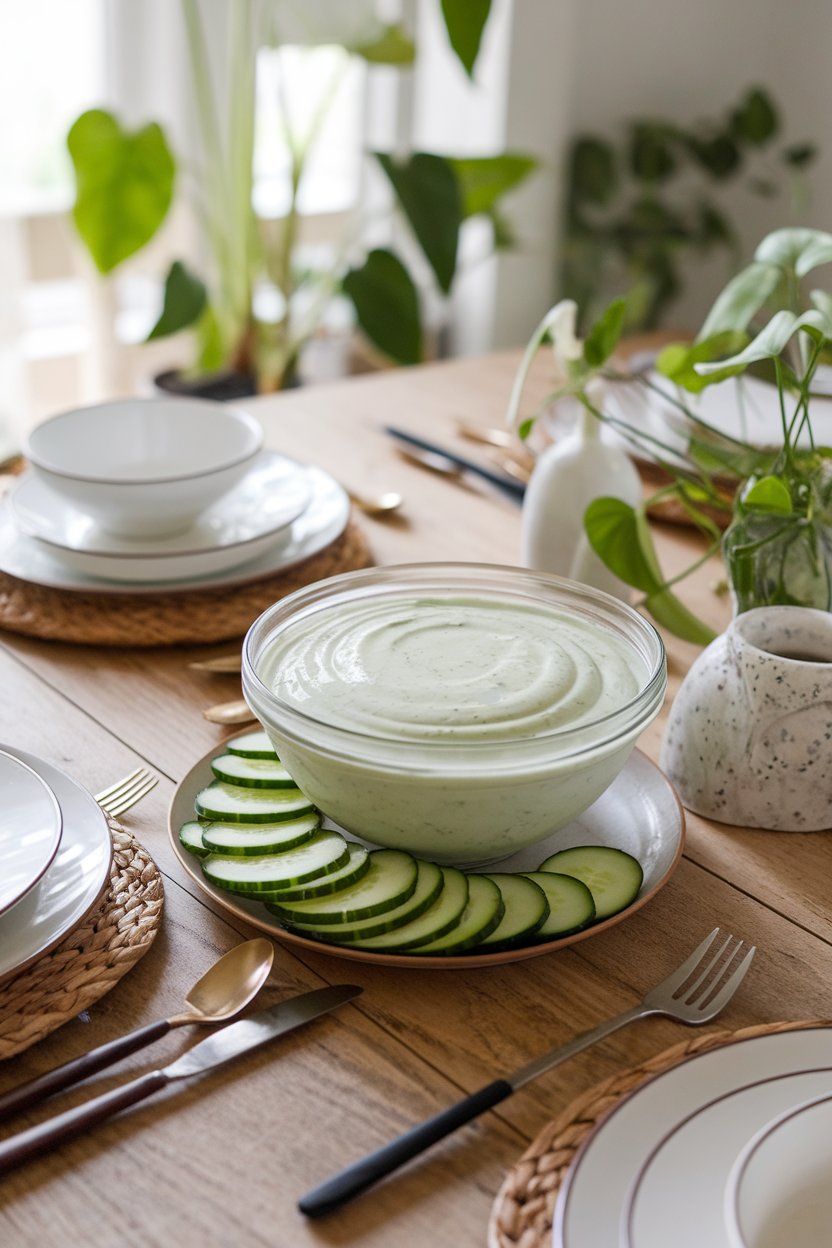 Indoor farmhouse table with a bowl of pale green cucumber dill yogurt dressing, thin cucumber slices fanned beside it. Photo, not illustration. No text or logos.