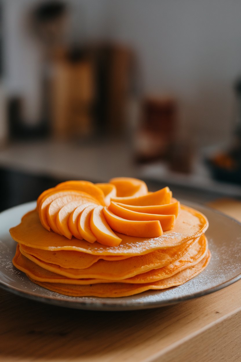 Indoor image of orange persimmon pancakes, thin persimmon slices arranged fan-style on top; photo only.