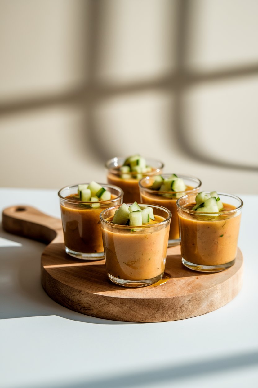 Indoor photo of small glass cups filled with chilled gazpacho topped with diced cucumber and a drizzle of olive oil; no text or logos.