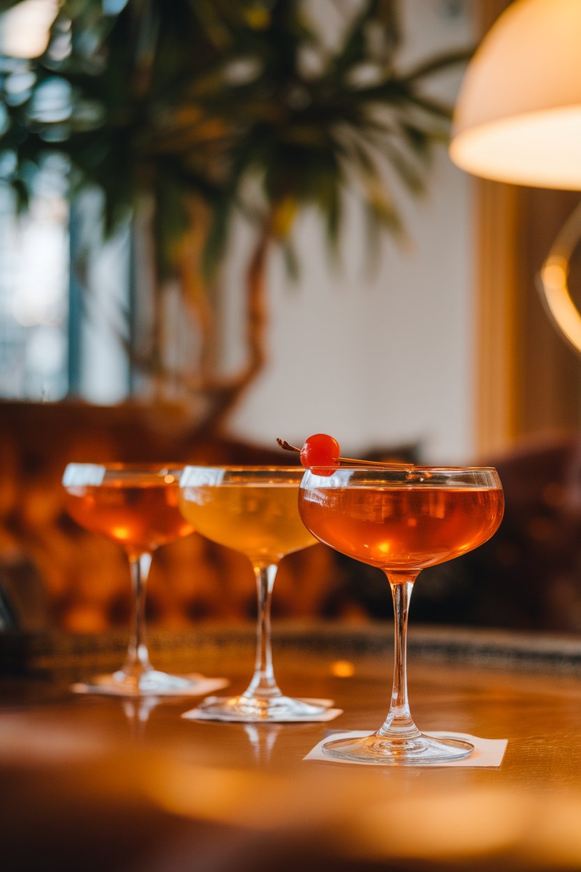 An indoor lounge setting with a coupe of amber Manhattan, one Luxardo cherry sinking slowly. No text or logos.