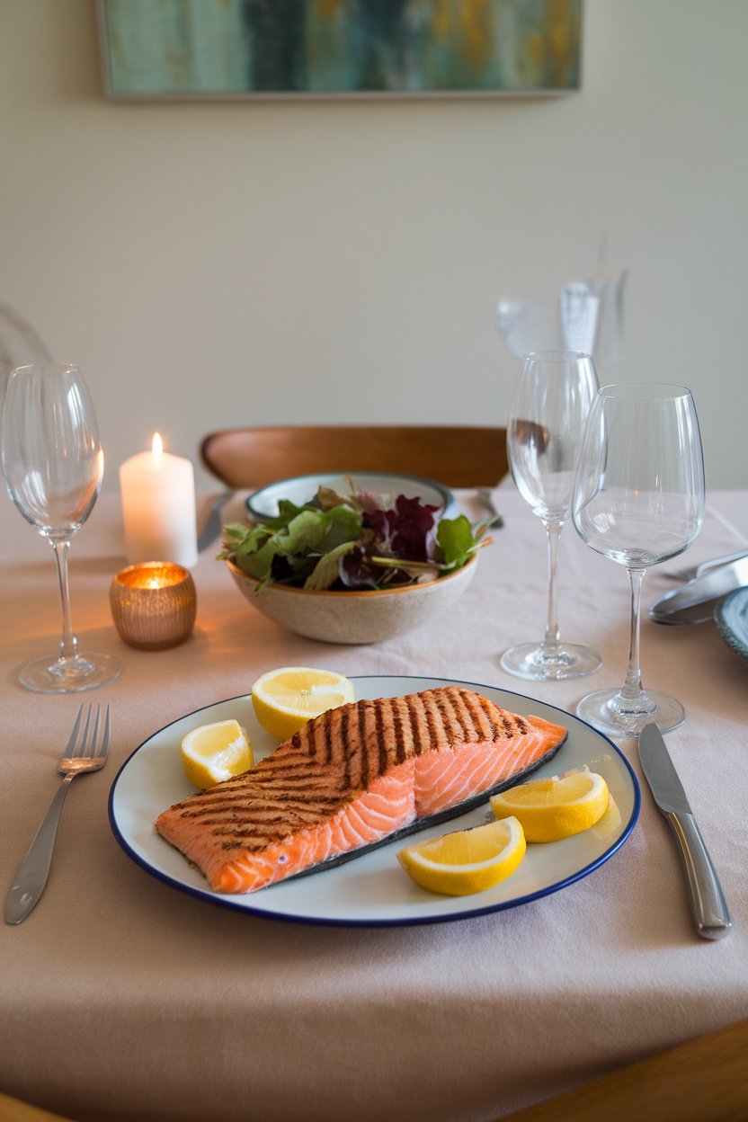 Indoor dining table photo of a cooked salmon fillet with grill marks, garnished with lemon slices, no text or logos.