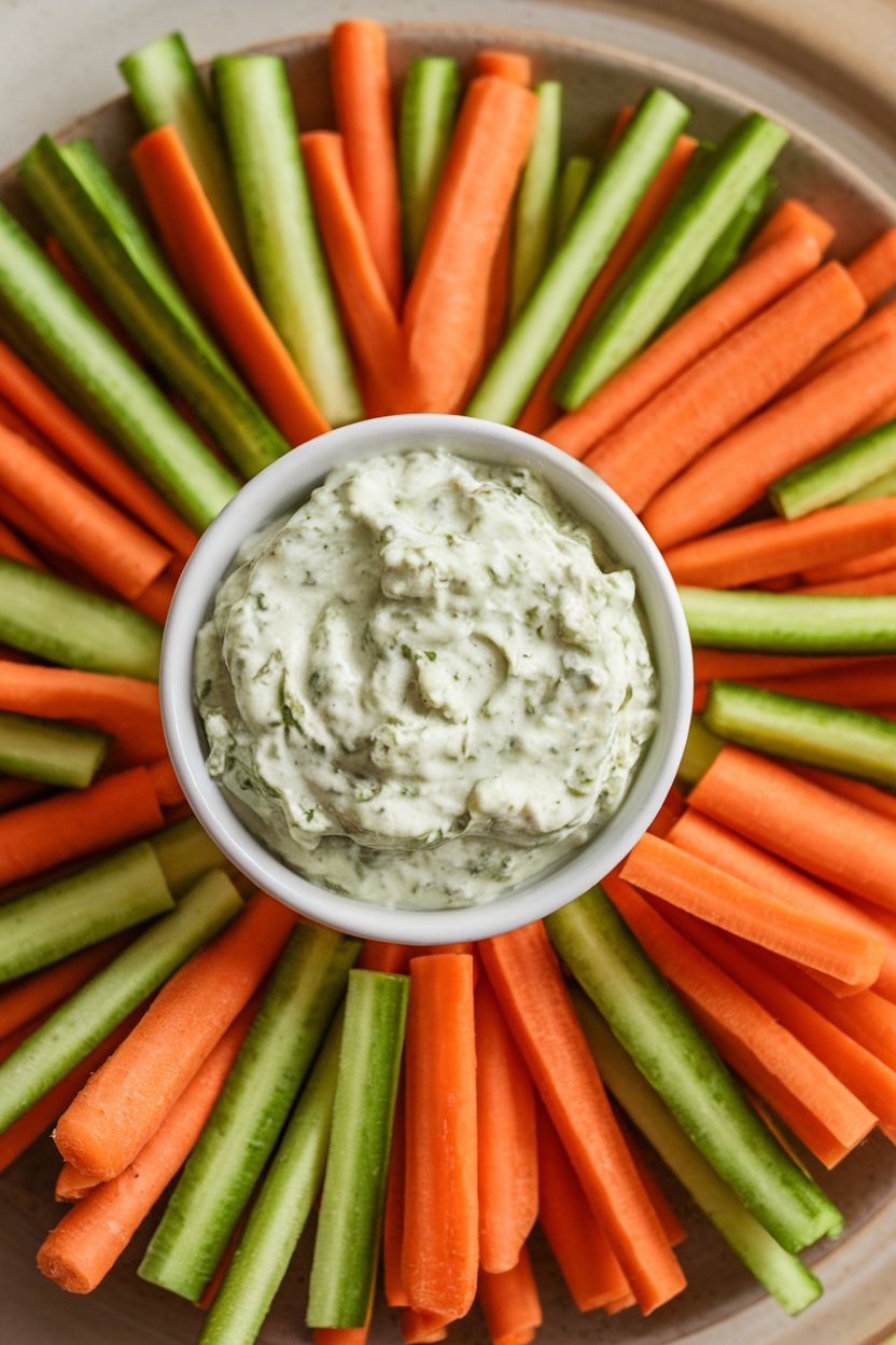 Indoor veggie platter showing a small bowl of green pesto cottage cheese dip surrounded by bright carrot sticks. No text or logos.