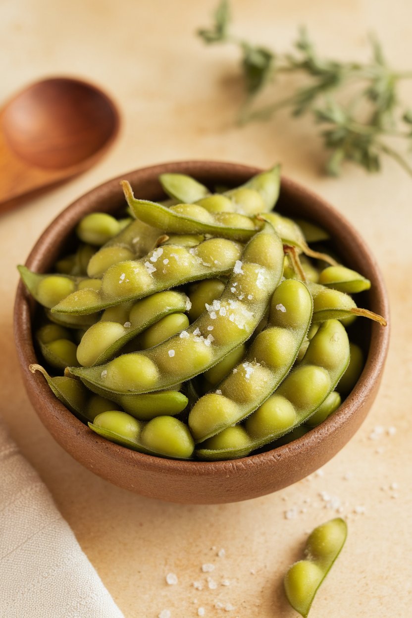 A warm ceramic indoor bowl of steamed edamame pods sprinkled lightly with sea salt; no logos.