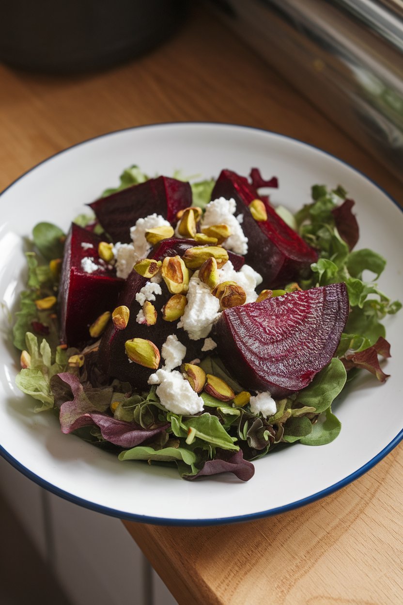 A white plate indoors featuring roasted beet wedges, crumbled goat cheese, and pistachios over mixed greens—no text or logos. Photo.
