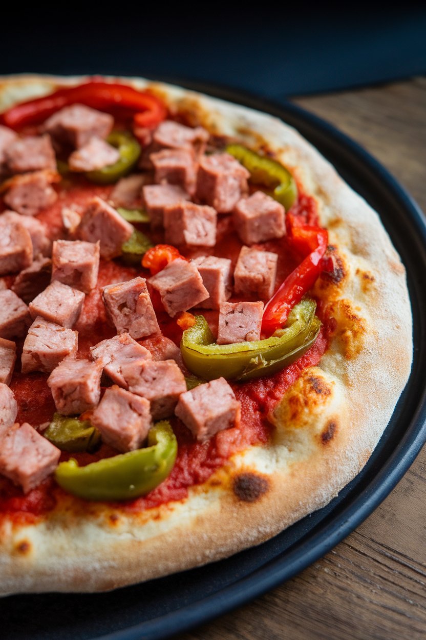 Indoor photo of cassava-flour crust pizza topped with diced turkey chorizo and roasted peppers on a black tray, no text or logos