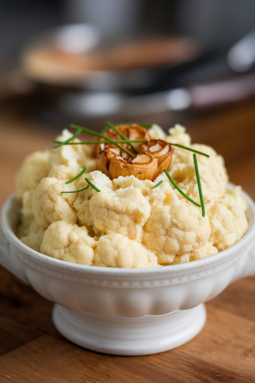 Indoor serving bowl of creamy mashed cauliflower topped with roasted garlic cloves and chives. No text or logos; photo only.