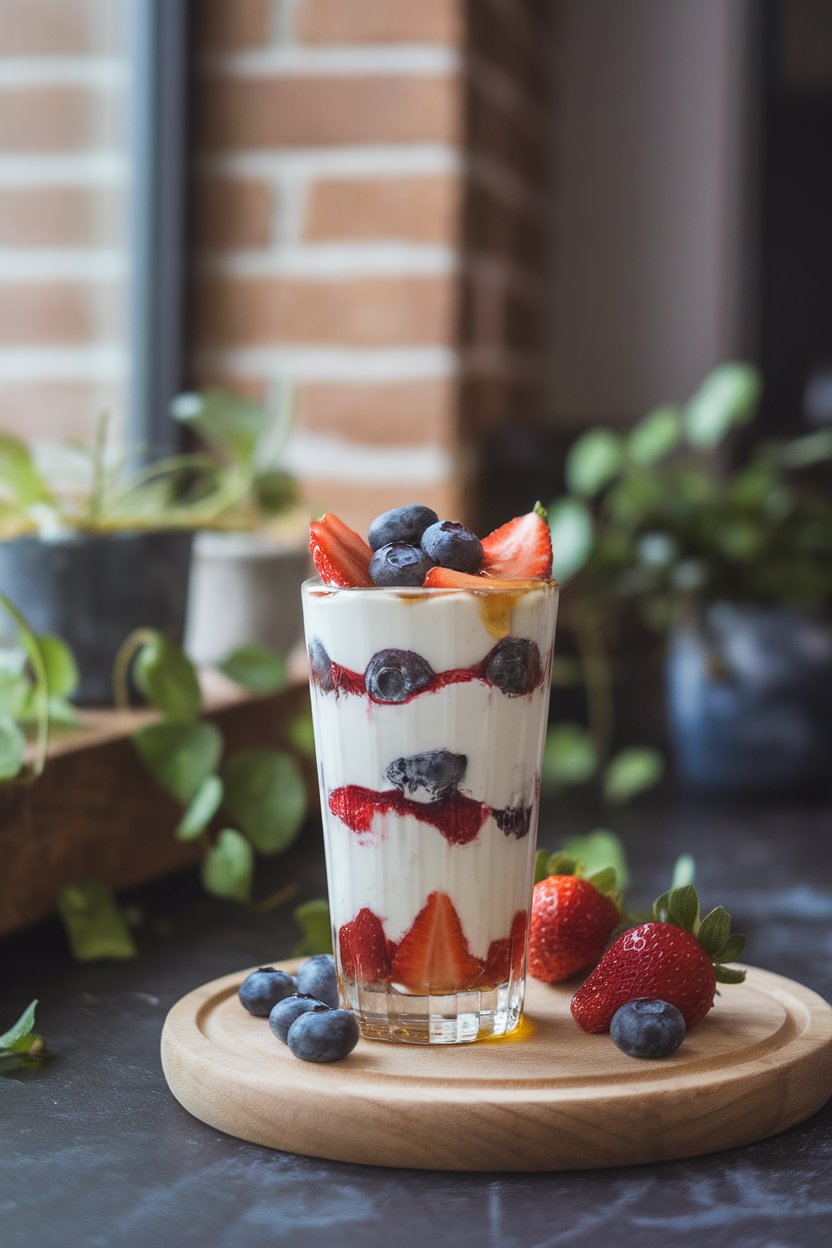 Photo — A parfait glass indoors layered with Greek yogurt, blueberries, and strawberries, drizzled lightly with honey. No brand marks or text.