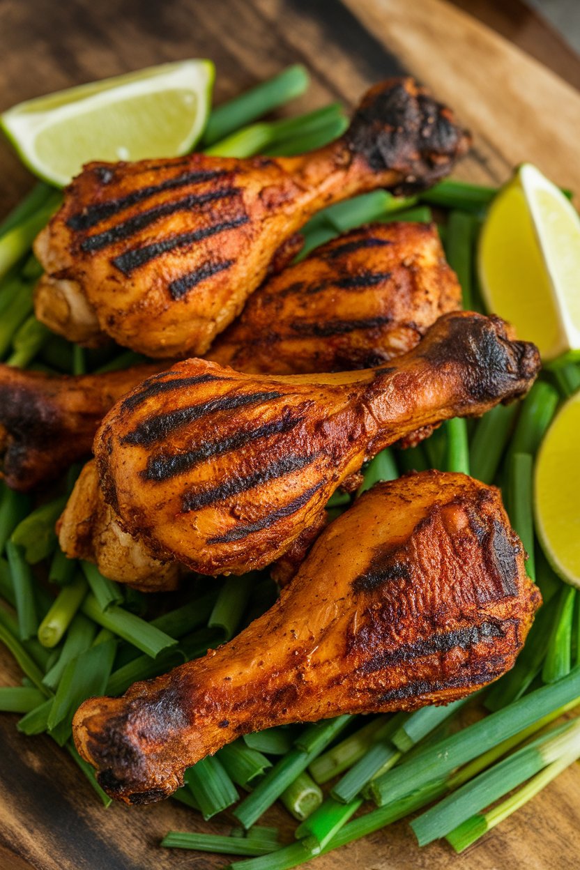 Indoor food photo of spicy jerk chicken drumsticks on a platter, char marks visible; lime wedges beside, no text or logos.