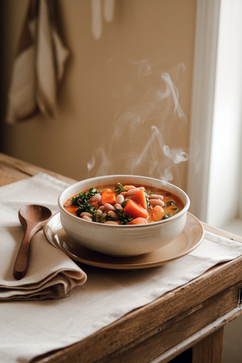 Photo of a rustic indoor wooden table topped with a steaming bowl of vegetable soup brimming with carrots, kale, and beans; soft natural window light; no text or logos.