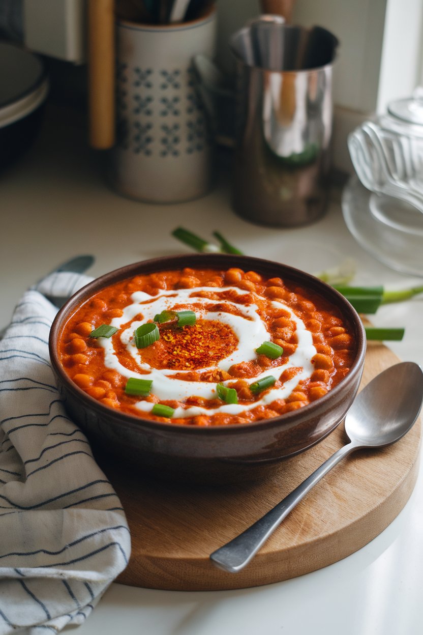 A softly lit indoor countertop holding a deep bowl of rich tomato-based chickpea tikka masala with a swirl of yogurt on top. Photo only, no text or logos.