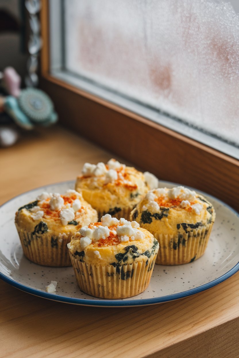 Indoor breakfast table photo of a plate holding three mini egg muffins with visible spinach flecks and feta crumbles, steam rising slightly. No text or logos on plate or background.