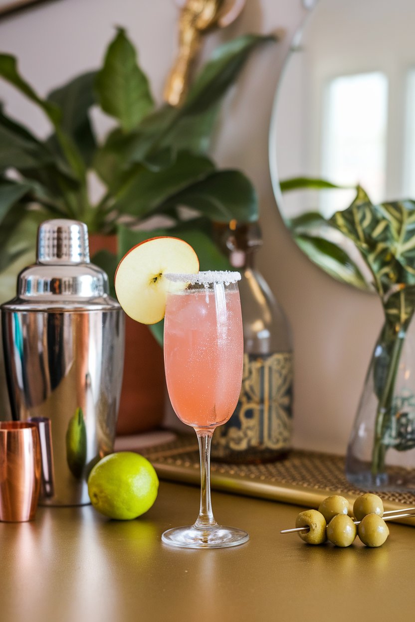 Indoor bar, flute glass of effervescent pink margarita, apple fan at rim; no logos.