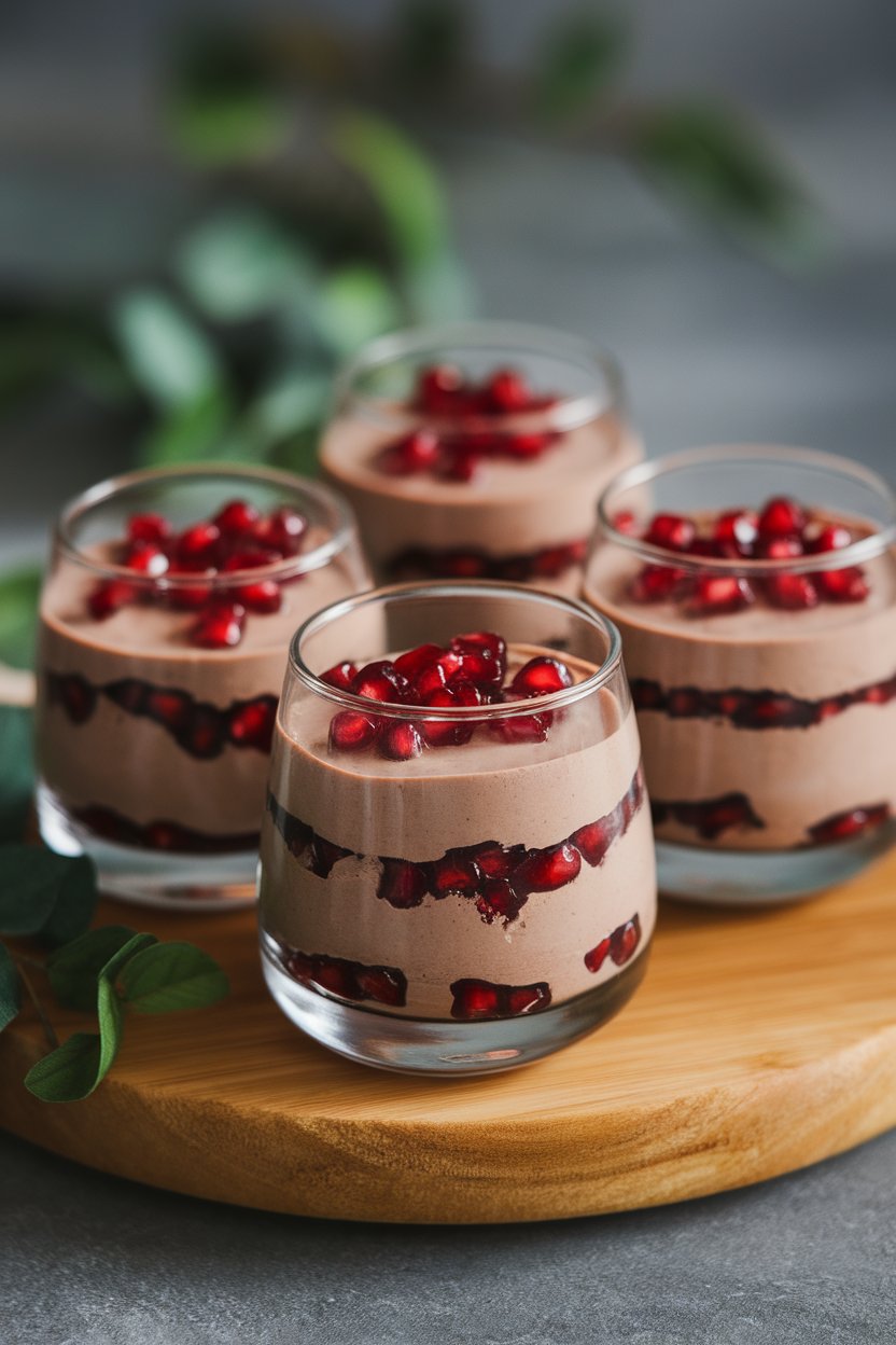 Photo of mini indoor glasses layered with silky dark chocolate avocado mousse, topped with pomegranate arils, no text or logos.