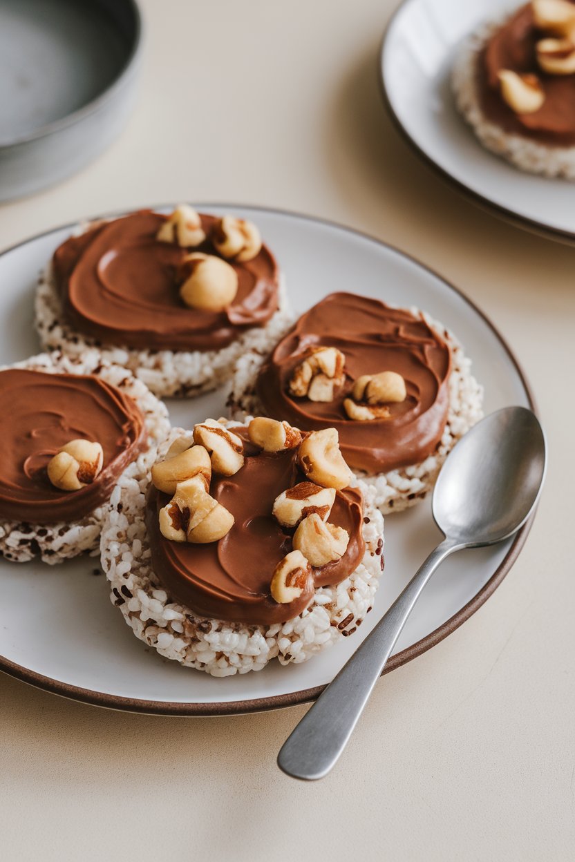 An indoor snack plate featuring rice cakes generously topped with homemade hazelnut cacao spread, photo, no text or logos.