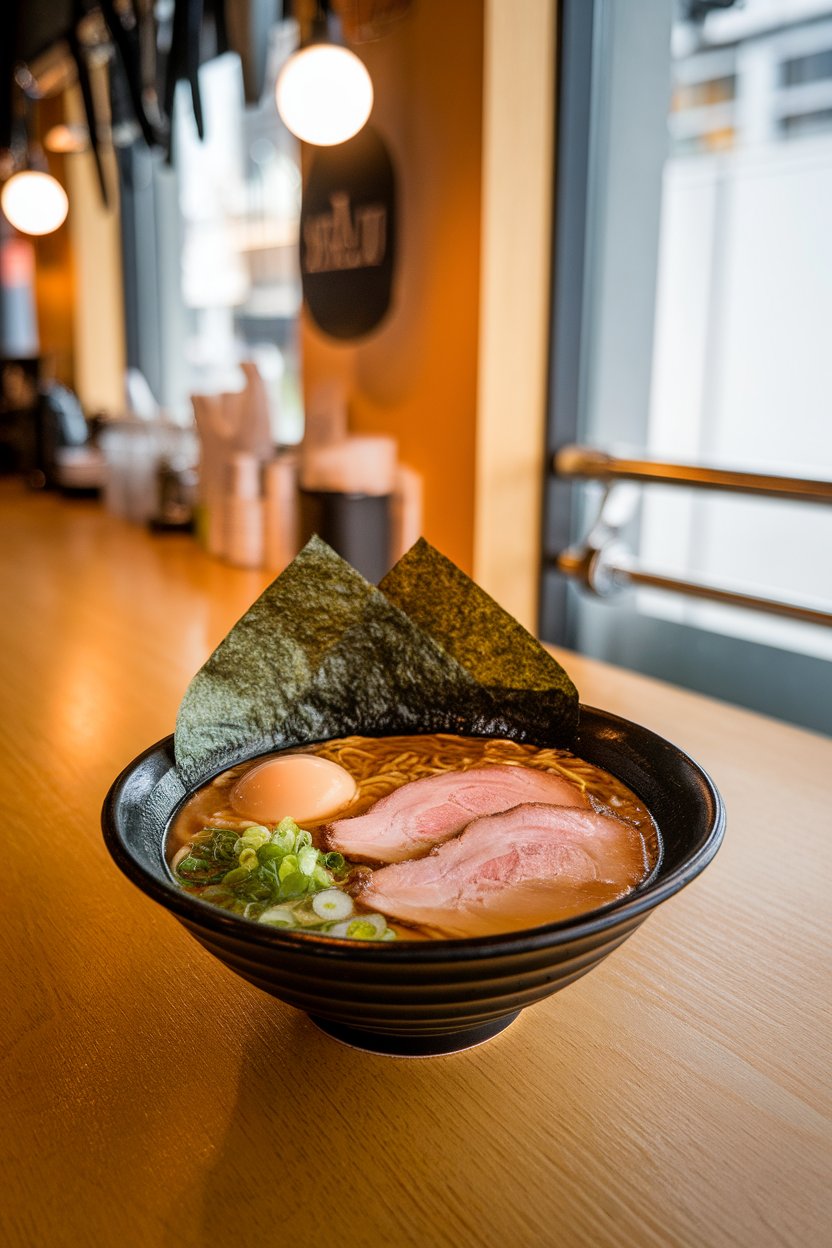 Indoor ramen bar counter with bowl of shoyu ramen, soy-based broth, sliced pork, soft egg, and nori sheet. No text or logos. Photo.
