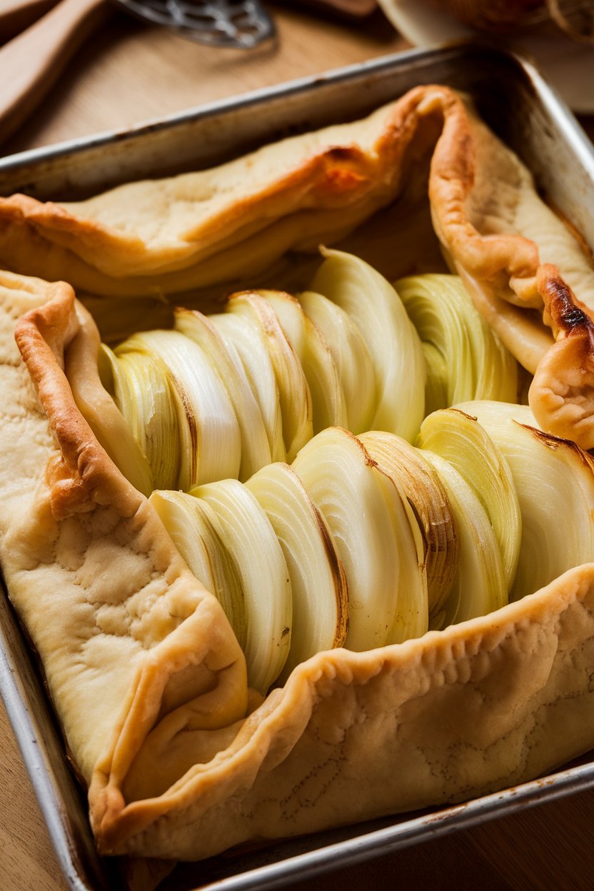 An indoor baking sheet holding a free-form pastry crust folded around layers of potatoes and leeks, edges browned. No text or logos; photo, not illustration.