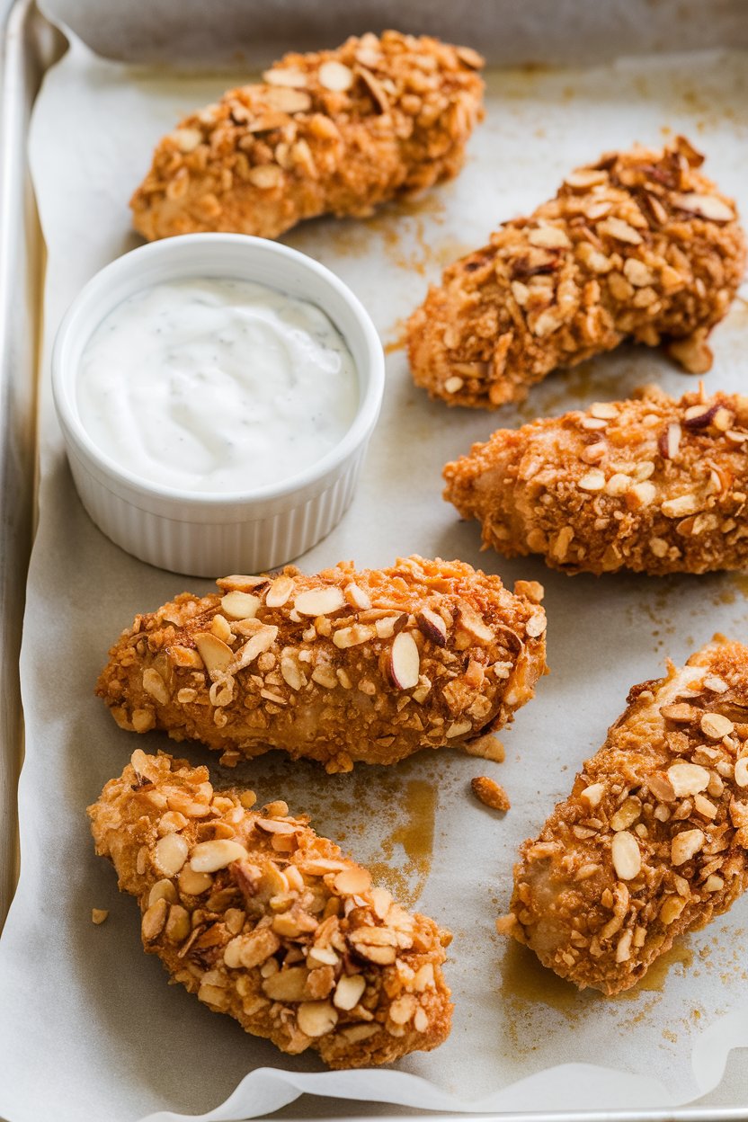 An indoor baking sheet lined with parchment, holding golden almond-crusted chicken tenders accompanied by a small ramekin of yogurt dip; no text or logos; photo