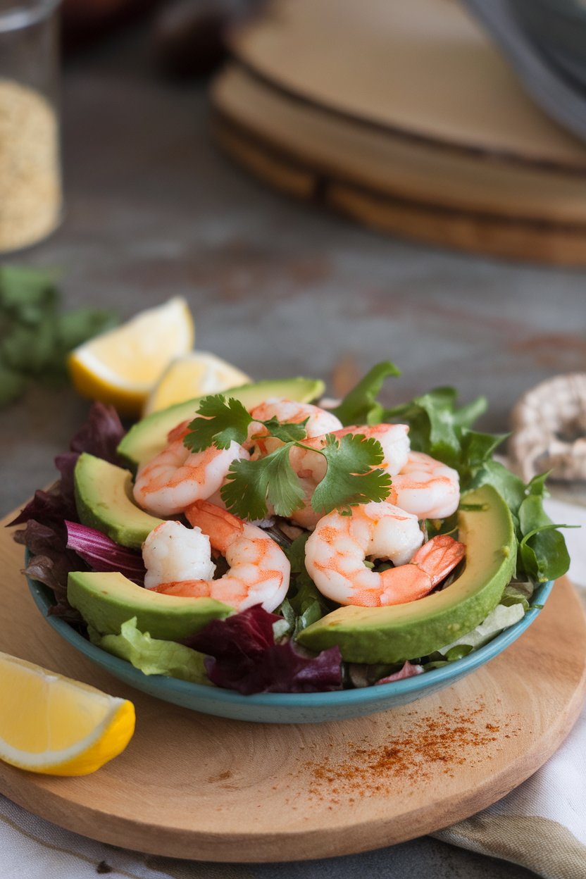 Indoor photo of a shallow bowl of mixed greens topped with cooked shrimp, avocado wedges, and cilantro leaves. No text or logos.