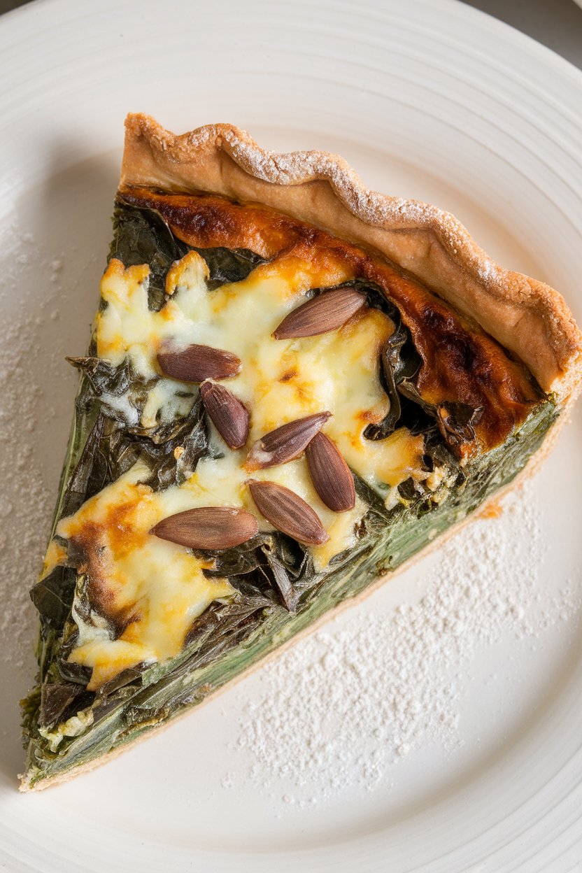 Indoor image of a slice of chard quiche dotted with sunflower seeds and melted Havarti, no text or logos.