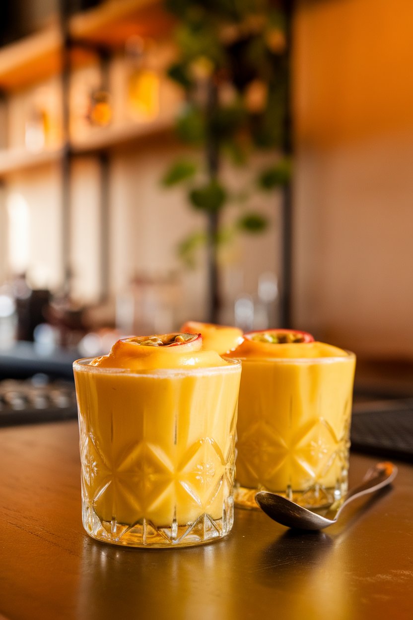 Photo of bright-yellow passionfruit shots, black seeds floating, indoor bar; no logos.