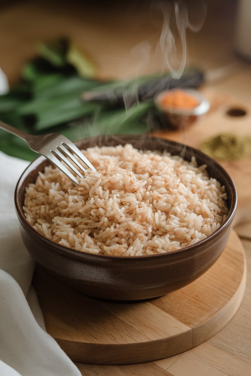 Indoor serving bowl with steaming brown basmati rice, fork leaning against the rim. No text or logos. Photo only.