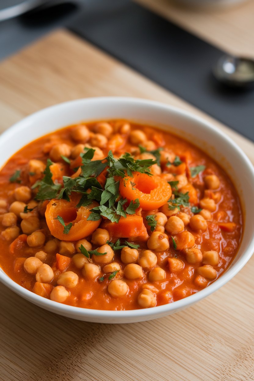 An indoor bowl of vibrant orange chickpea stew with visible chunks of carrot and apricot, sprinkled with parsley. No logos. Photo.