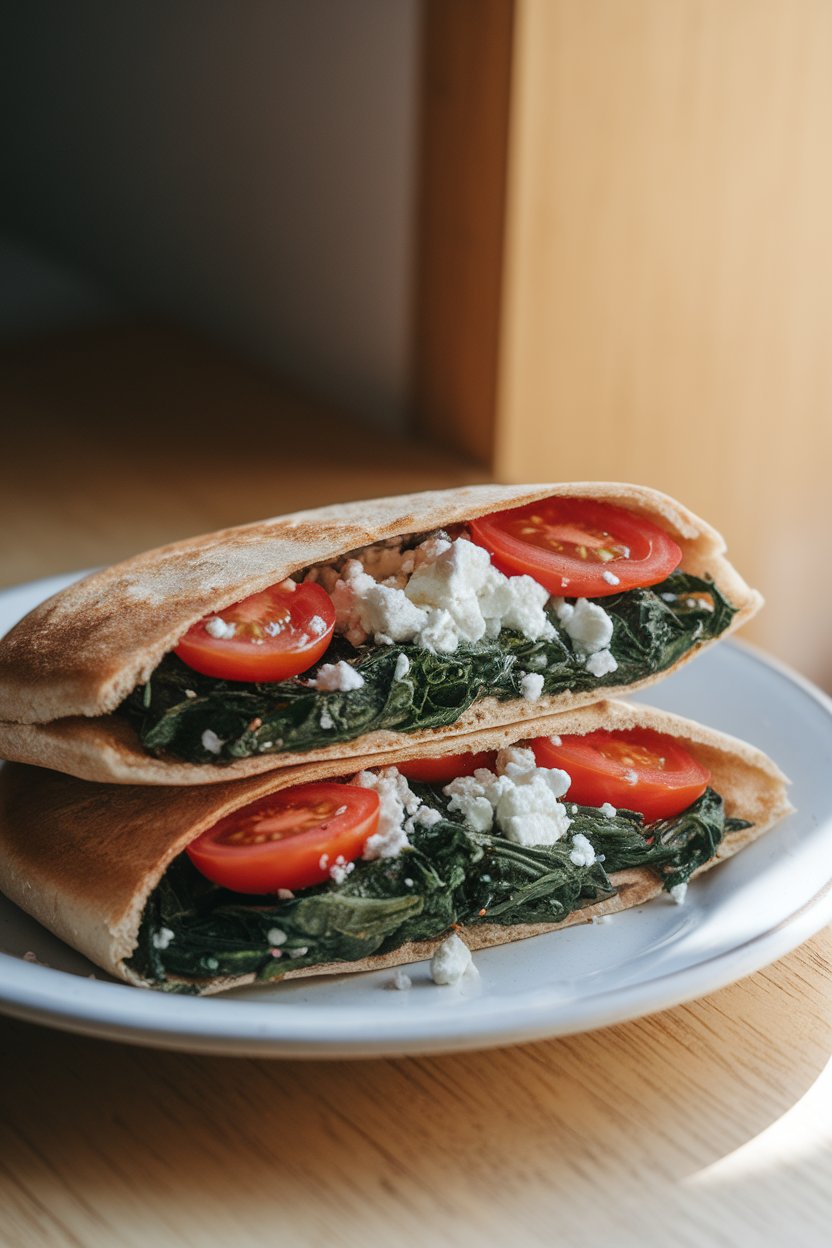 Indoor photo of a split whole-wheat pita pocket brimming with sautéed spinach, crumbled feta, and sliced cherry tomatoes; gentle window light; no text or logos.