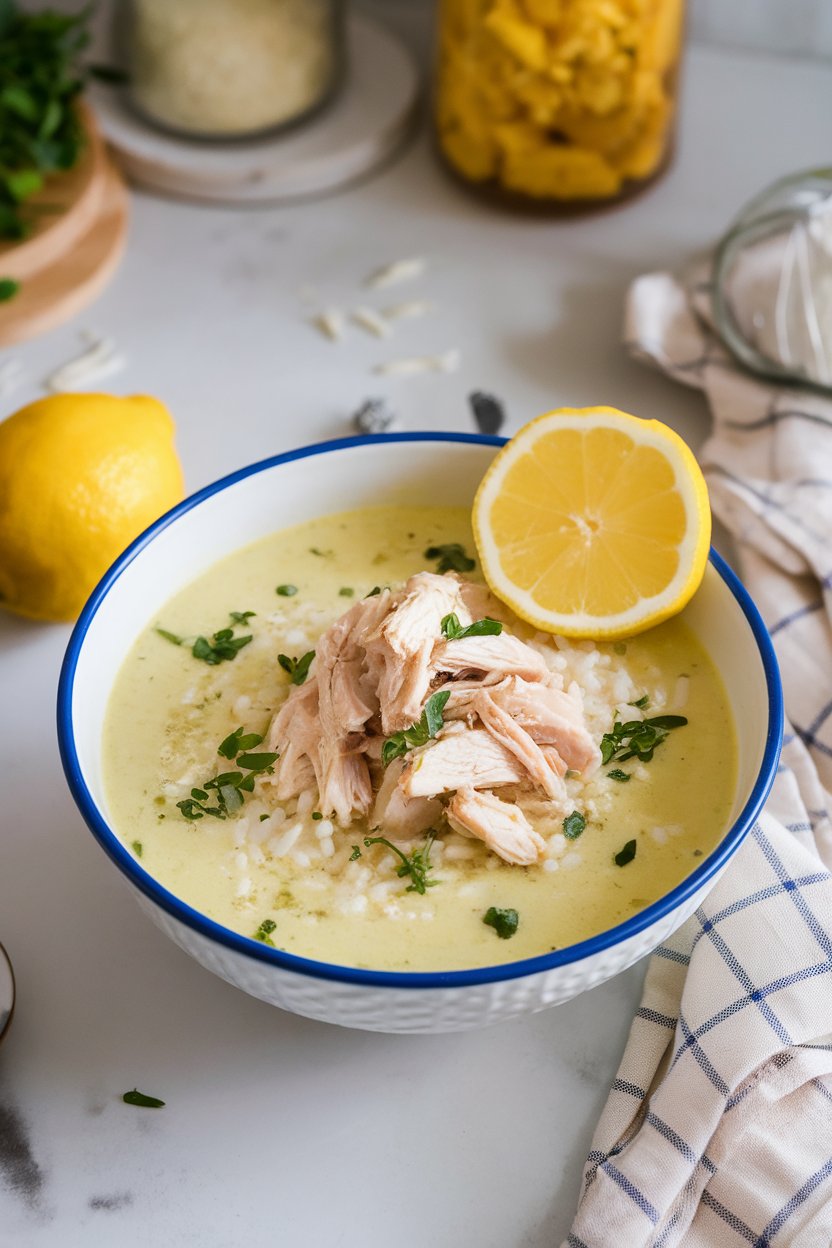 Indoor Mediterranean kitchen counter displaying a bowl of pale yellow avgolemono soup with rice and shredded chicken, lemon slice on rim. No text or logos. Photo.