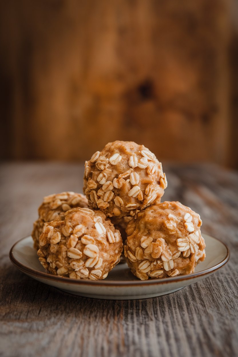 Indoor food photo of moist banana oat bites on a small plate, chocolate-chip free; no text or logos.