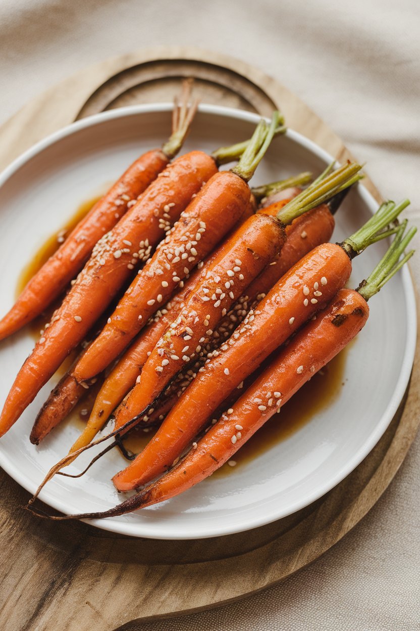 An indoor plate of slender roasted carrots glazed with shiny miso dressing and sprinkled with sesame seeds. No logos or text.