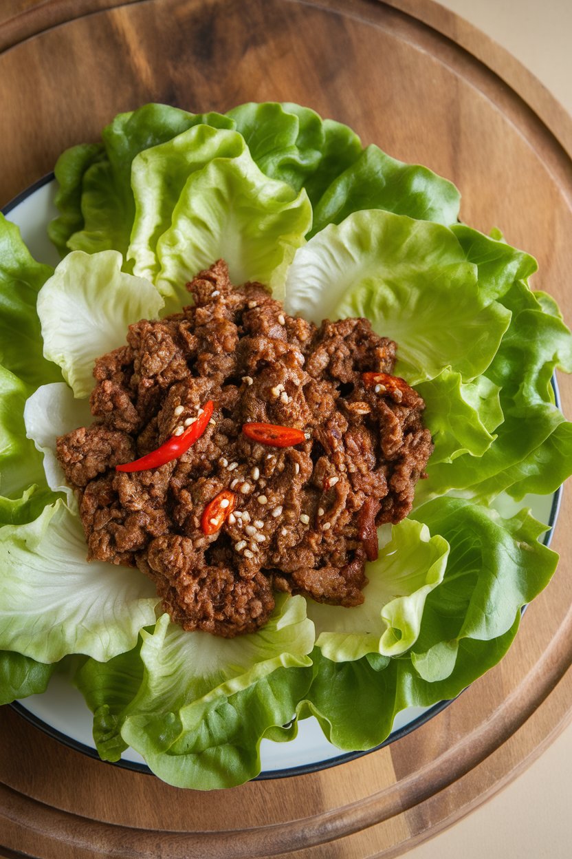 An indoor platter holding crisp butter-lettuce leaves filled with ground beef sautéed in Thai basil sauce, garnished with red chili slices; no text or logos; photo