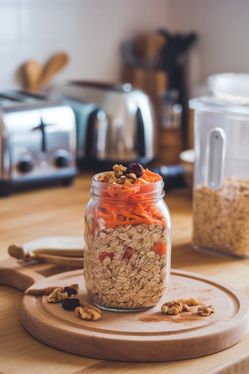 An indoor kitchen island shot with a jar of oats speckled with shredded carrot, raisins, and chopped walnuts, topped with a dusting of cinnamon. No text or logos. Photo, not illustration.
