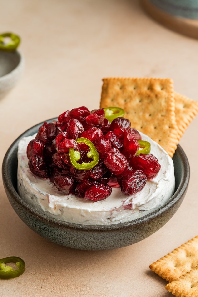 A shallow indoor bowl of cream cheese topped with chunky cranberry-jalapeño relish, crackers nearby. No text or logos. Photo.