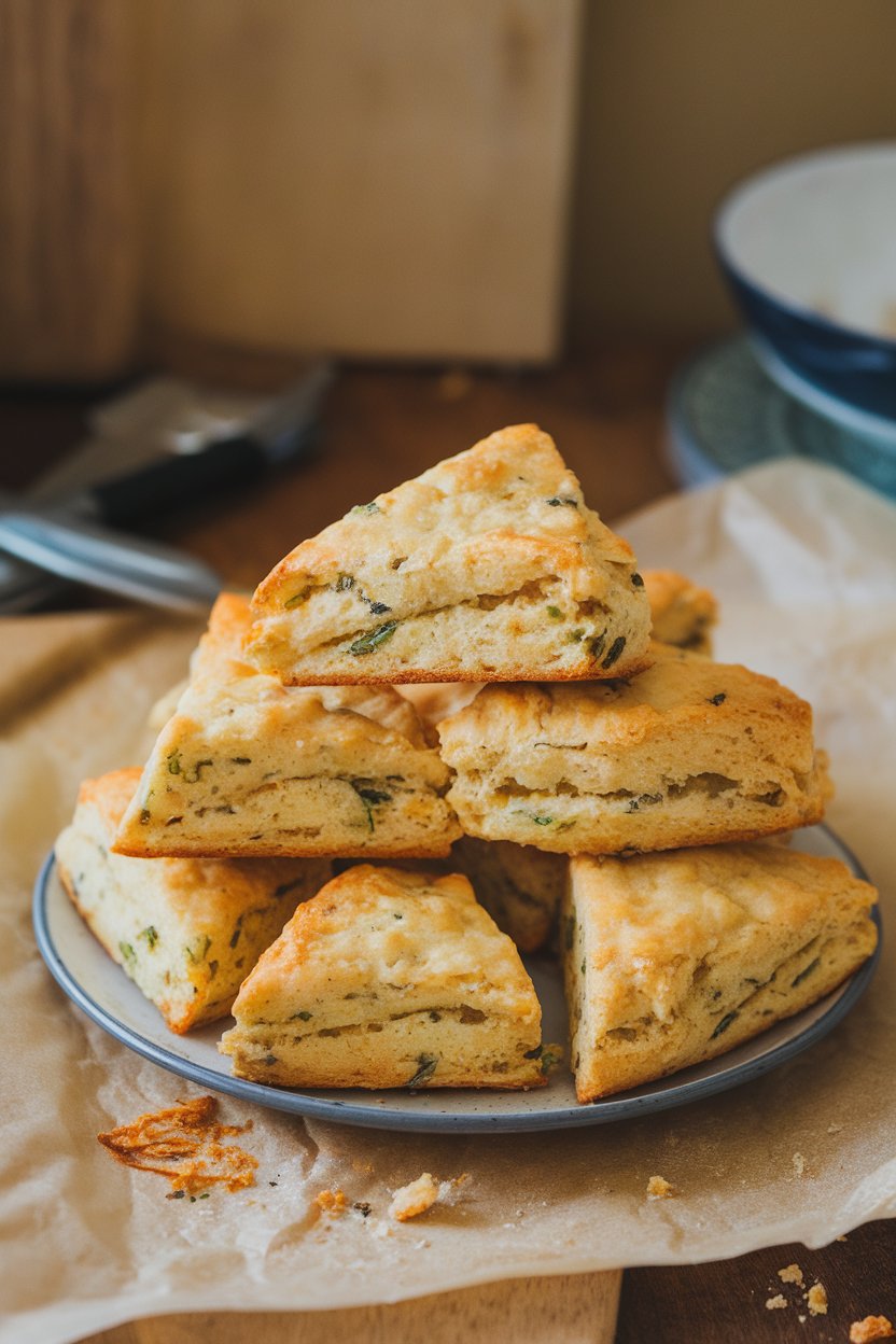A plate indoors stacked with triangular cheddar-chive scones, crumbly edges visible—no text or logos. Photo.